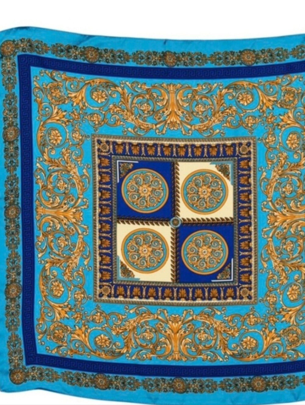 Silk- Feel Blue & Gold Baroque Scarf Head Scarf ,neck Scarf - Picture 3 of 4